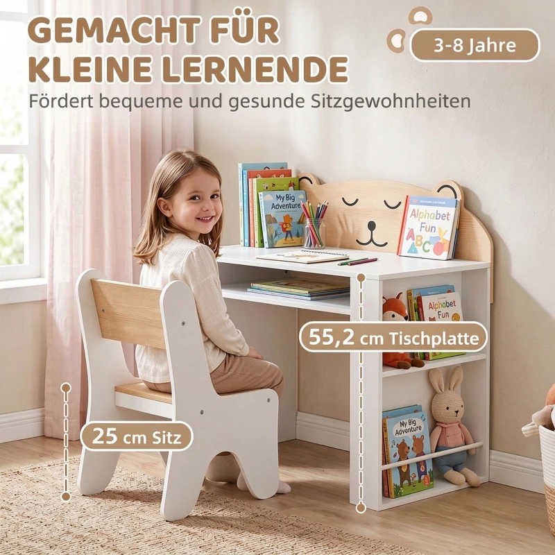 AIYAPLAY Kinder tafel- en stoelset om te leren en tekenen, kinderset met boekenkast, wit