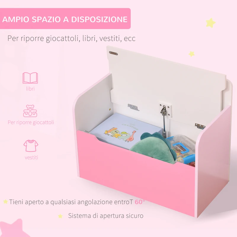 HOMCOM Panca Contenitore con Schienale in Legno per Bambini da 3-6 Anni, 60x30x50 cm, Rosa
