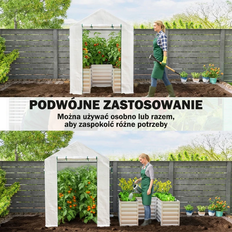Outsunny Szklarnia foliowa z grządką podwyższoną, drzwiami rolowanymi i oknami, szczytowy dach 141 x 141 x 190 cm, biały
