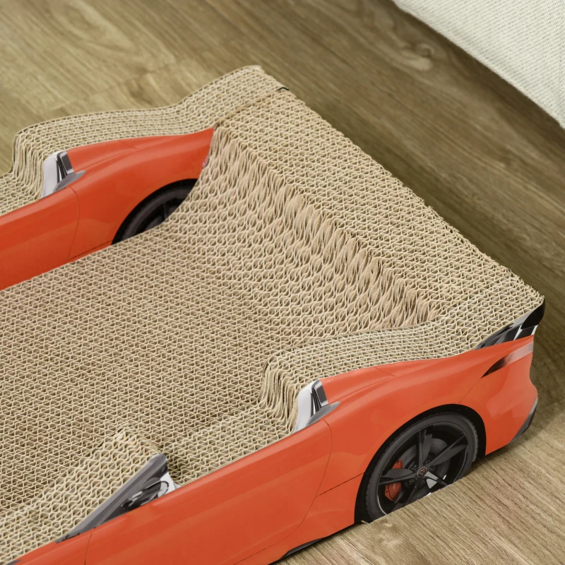 PawHut Cuccia per Gatti Tiragraffi a forma di Auto con Trattamento ad Erba Gatta, in Cartone Ondulato, 50x30x12.5 cm, Rosso