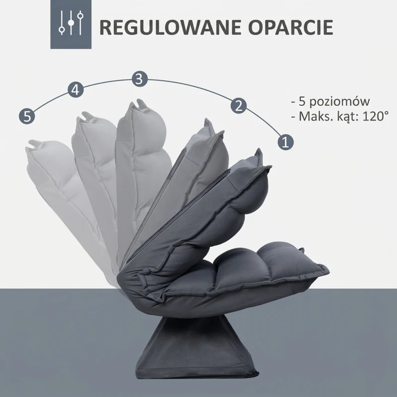 HOMCOM Fotel Podłogowy z Regulacją Oparcia, Obrotowy, Krzesło Medytacyjne, Fotel Relaksacyjny do Salonu, Biura, Pokrycie Mikrofibra, Ciemnoszary, 62 x 70 x 95 cm