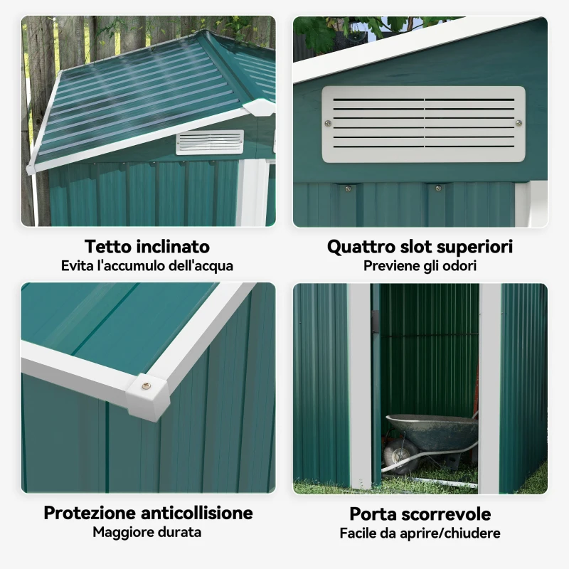 Outsunny Casetta da Giardino Porta Attrezzi in Acciaio con Tetto Inclinato e 4 Prese d'Aria, 152x132x188 cm, Verde