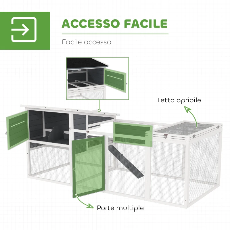 PawHut Pollaio per Galline in Legno di Abete con Casetta, Nido per Cova e Area Esterna, 214x101x 91.5 cm, Grigio