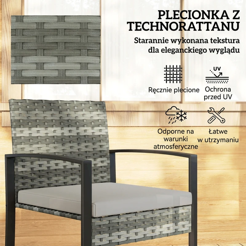 Outsunny Zestaw bistro z rattanu, 3-częściowy zestaw mebli ogrodowych z 2 fotelami, stolikiem, zdejmowanymi poduszkami, jasnoszary