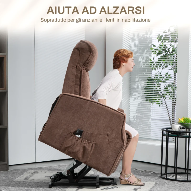 HOMCOM Poltrona Relax Alzapersona con 8 Punti Massaggio, Reclinazione a 135° e 2 Telecomandi, Marrone