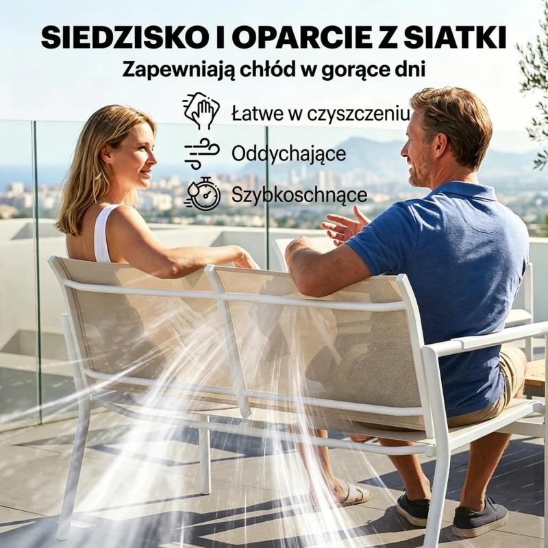 Outsunny Zestaw Mebli Ogrodowych dla 4 Osób Oddychający z 2-osobową Sofą, 2 Fotelami i Metalowym Stołem