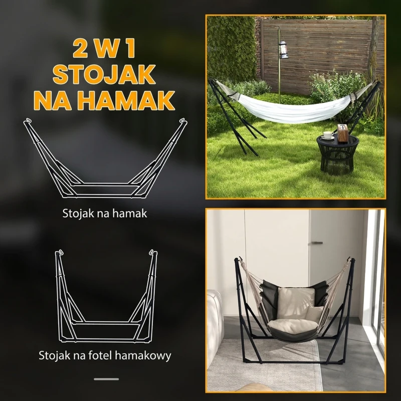 Outsunny Stelaż pod Hamak w zestawie z Hamakiem, 263 cm x 89 cm x 100 cm, Czarny + Biały