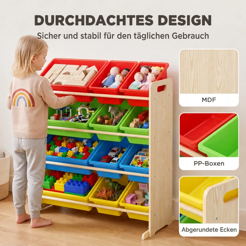 AIYAPLAY Kinderrek, 4-laags speelgoedrek met 12 uitneembare opbergbakken, 85,5 x 40 x 88,5 cm, veelkleurig