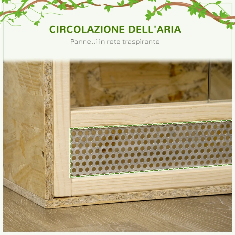 PawHut Terrario per Rettili in Legno con Porte in Vetro Scorrevoli e Pannelli in Rete, 60x29.5x29.5cm