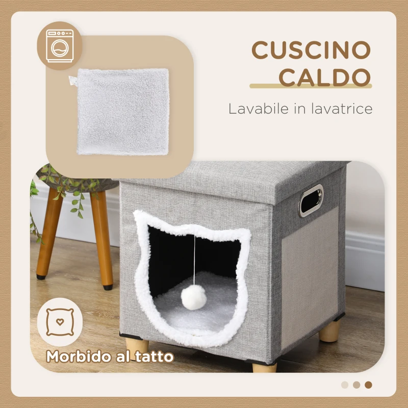 PawHut Casetta per Gatti con Tiragraffi, Cuscino e Pallina, in Legno e Poliestere, 35.5x35.5x42.5 cm, Crema e Grigio