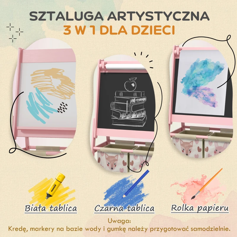 AIYAPLAY 3w1 Tablica dla dzieci z rolką papieru, kredowa, biała, z koszami na akcesoria, 54 x 46,5 x 93 cm, różowa