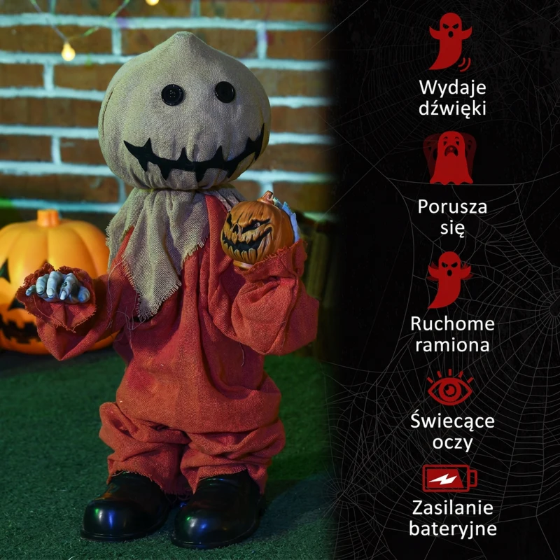 HOMCOM Dekoracja na Halloween 77cm Strach na Wróble z Czerwonymi Świecącymi Oczami, Funkcja Dźwięku, Dekoracja na Halloween z Czujnikiem Ruchu i Dźwięku, Śmiechem, Ruchomymi Ramionami i Rękami