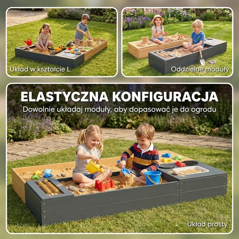 AIYAPLAY Piaskownica 2-częściowa 150x90 cm drewniana z siedziskiem, schowkiem, płytą grzewczą, wyjmowanym zlewozmywakiem i koralikami abakusa, żółta