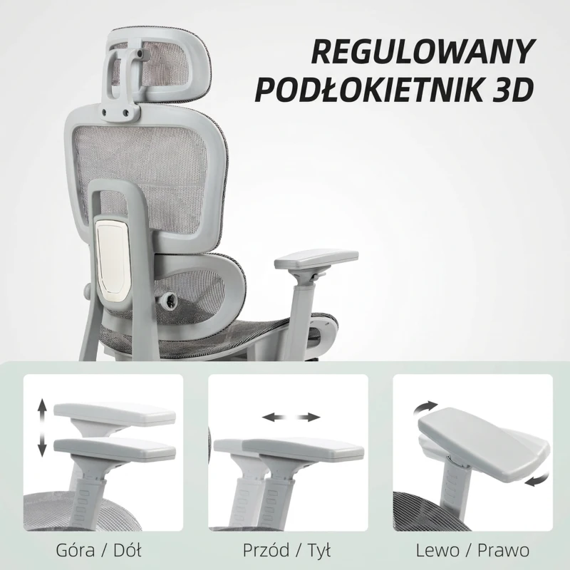 HOMCOM Fotel biurowy, Ergonomiczny krzesło biurowe z siatkowym obiciem, regulowane, na kółkach, z podłokietnikami, zagłówkiem, Szary