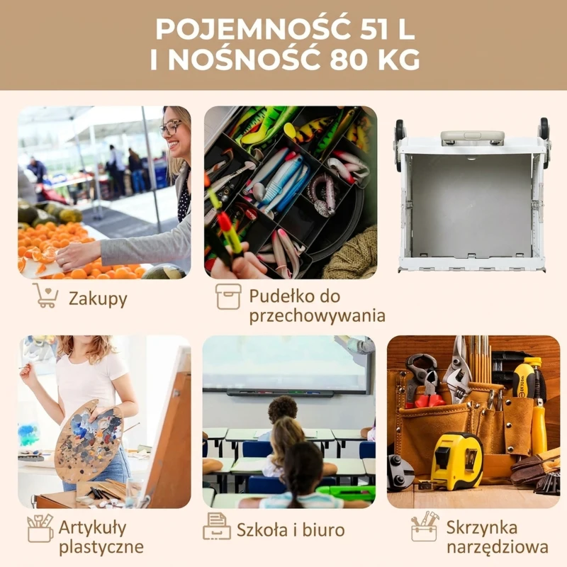 Składany wózek na zakupy z teleskopowym uchwytem, 80 kg, biały