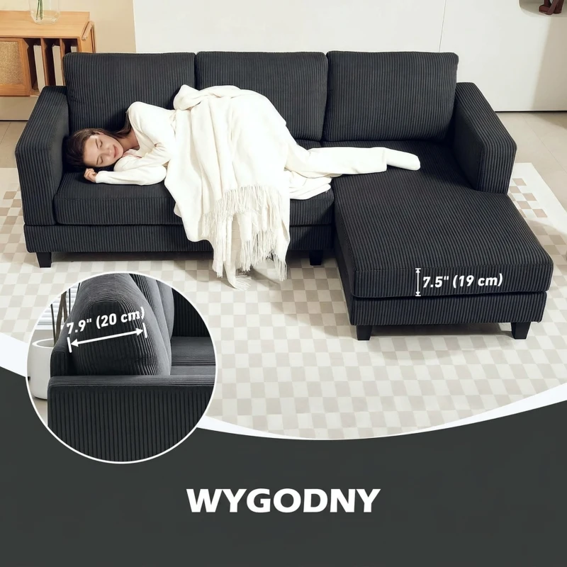 HOMCOM Sofa narożna z szezlongiem, 3-osobowa, sofa w kształcie litery L, tapicerowana narożnik z wyglądem kordu, z wysokogęstościową pianką, do 400 kg, do salonu, sypialni, 214 x 134 x 87 cm, Ciemnoszary