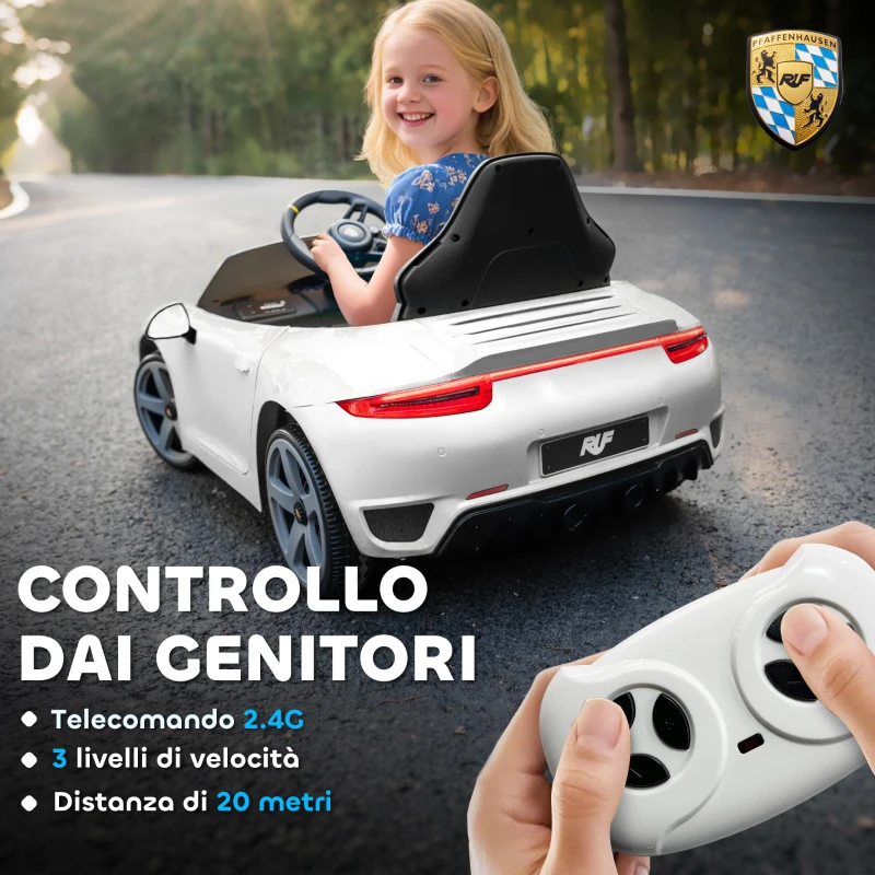 AIYAPLAY Macchina per Bambini 3-5 Anni con Licenza Ufficiale RUF GT, Telecomando, Cintura di Sicurezza e Musica, Bianco
