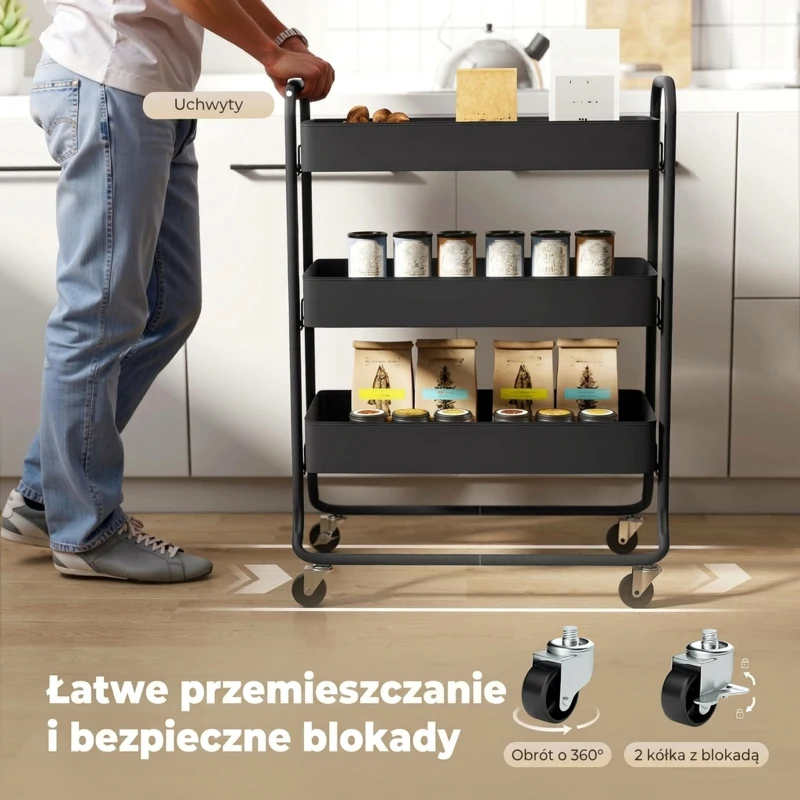 HOMCOM Wózek kuchenny, 3 kosze, 4 koła, Metal, Czarny