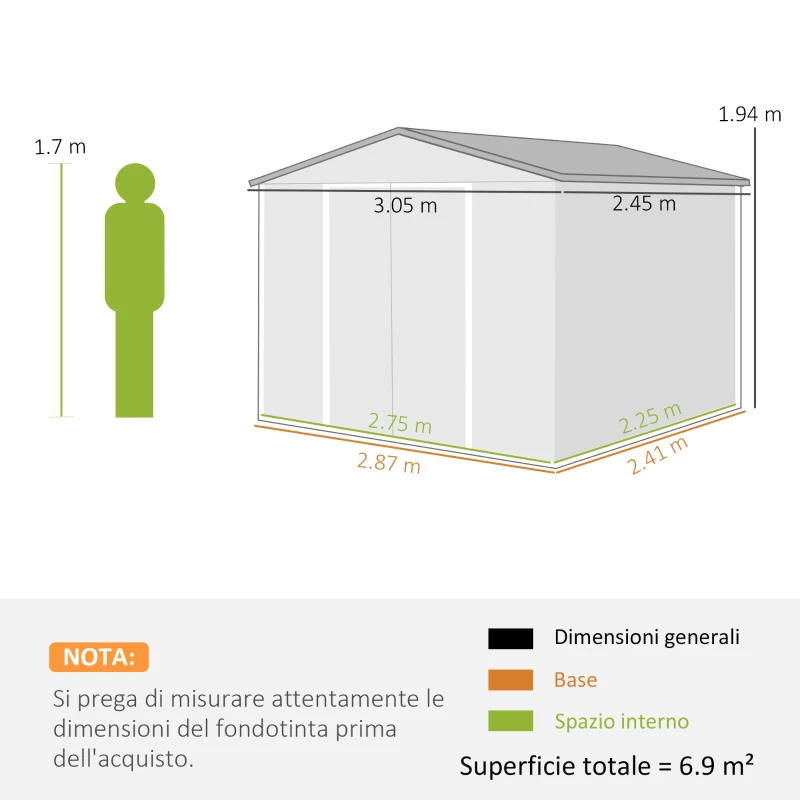 Outsunny Capanno in Metallo 305 x 245 cm, Robusto Capanno da Giardino con 4 Prese d'Aria e Porte Doppie con Serratura, Marrone