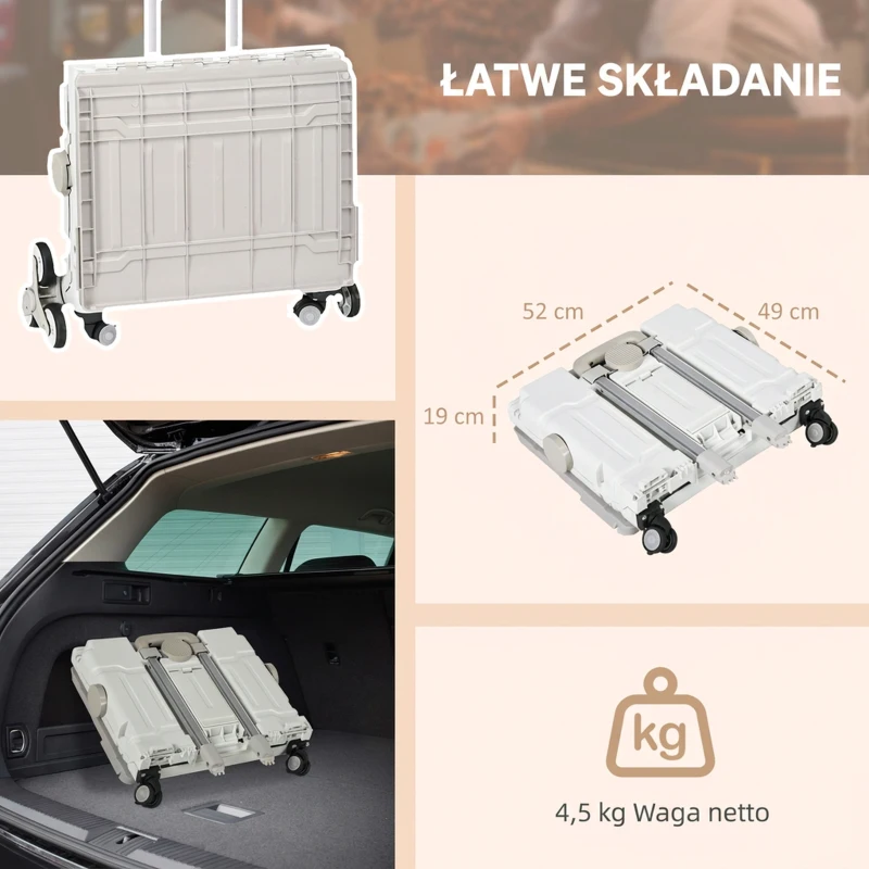 Składany wózek na zakupy z teleskopowym uchwytem, 80 kg, biały