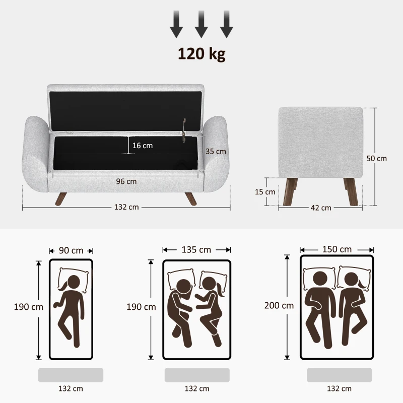 HOMCOM Panca Contenitore Fondo Letto con Braccioli in Tessuto, Gambe in Legno e Vano da 53.8L, 132x42x50 cm, Grigio