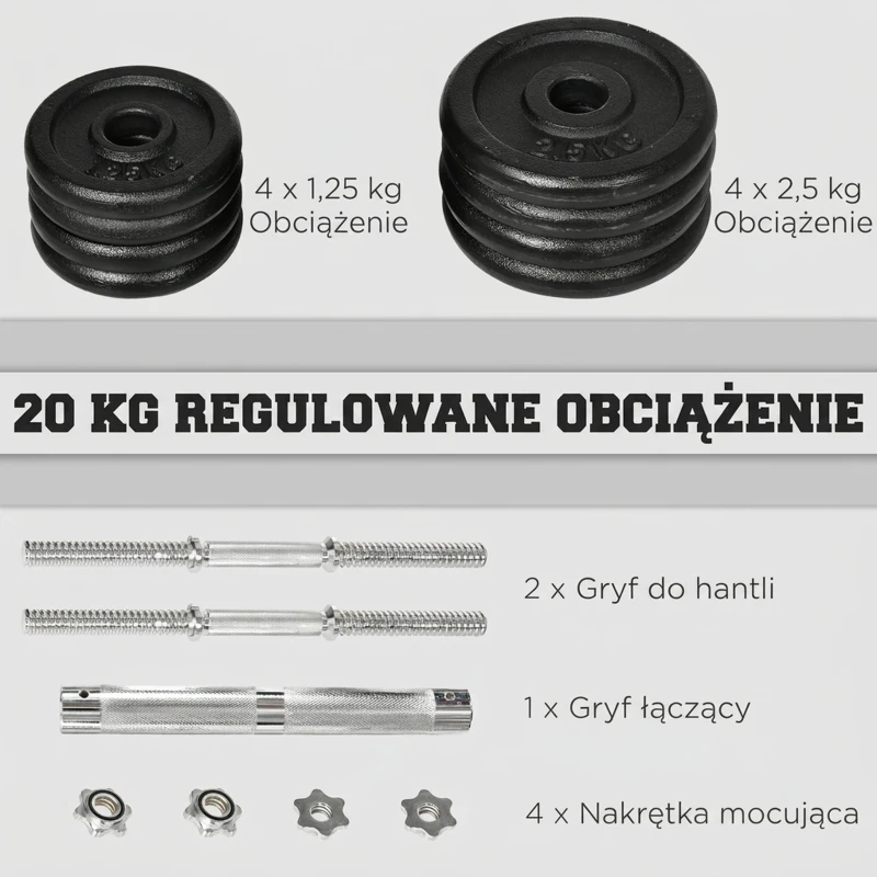 HOMCOM 2 w 1 zestaw hantli regulowany zestaw hantli 20 kg hantle i sztanga z rurką łączącą Profesjonalny trening siłowy i podnoszenie ciężarów do fitnessu domowego