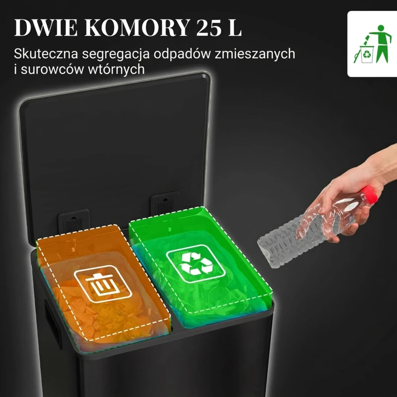 HOMCOM Kosz na śmieci 2 x 25L, pedał, stal nierdzewna, z pokrywą