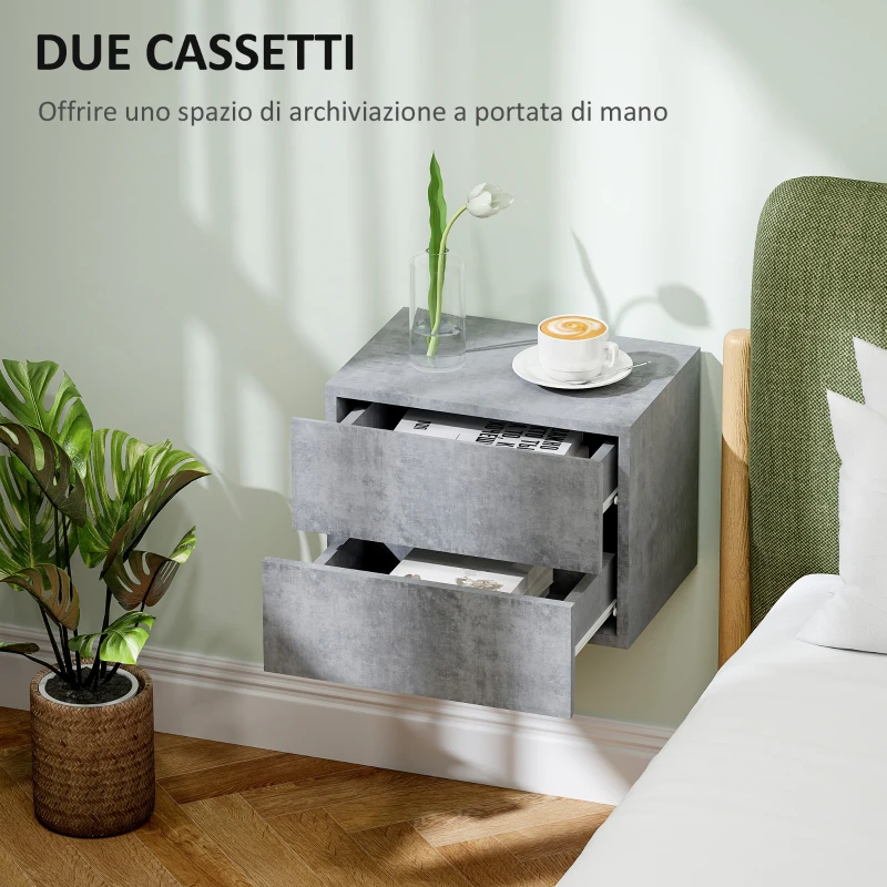 HOMCOM Set di 2 Comodini Sospesi con 2 Cassetti Moderni e Salvaspazio, 40x29x30 cm, Grigio Cemento