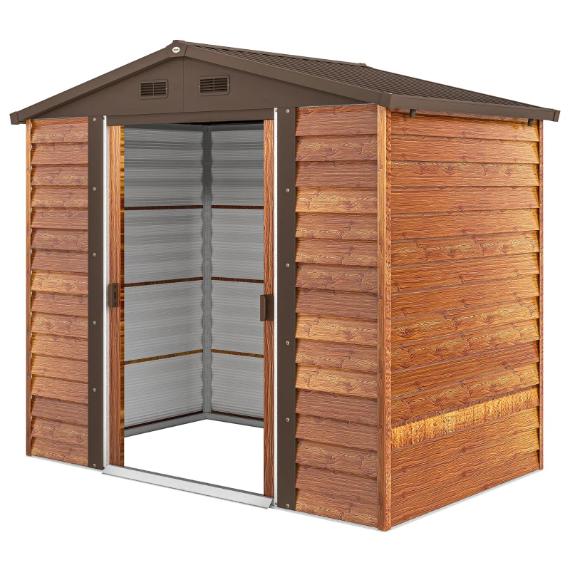 Outsunny Casetta da Giardino Porta Attrezzi con Porte Scorrevoli e Pareti Effetto Legno, 2.3x1.5x2 m, Marrone