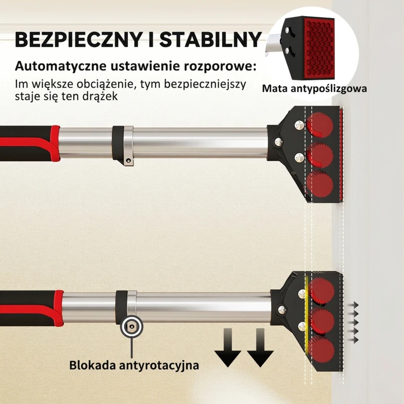 Drążek do podciągania, regulowany, czarny, montaż na drzwiach