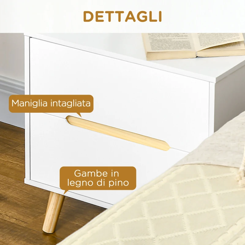 HOMCOM Comodino Moderno con 2 Cassetti, Set 2 Pezzi in Truciolato e Gambe in Legno di Pino, 50Lx40Px50.5A cm, Bianco