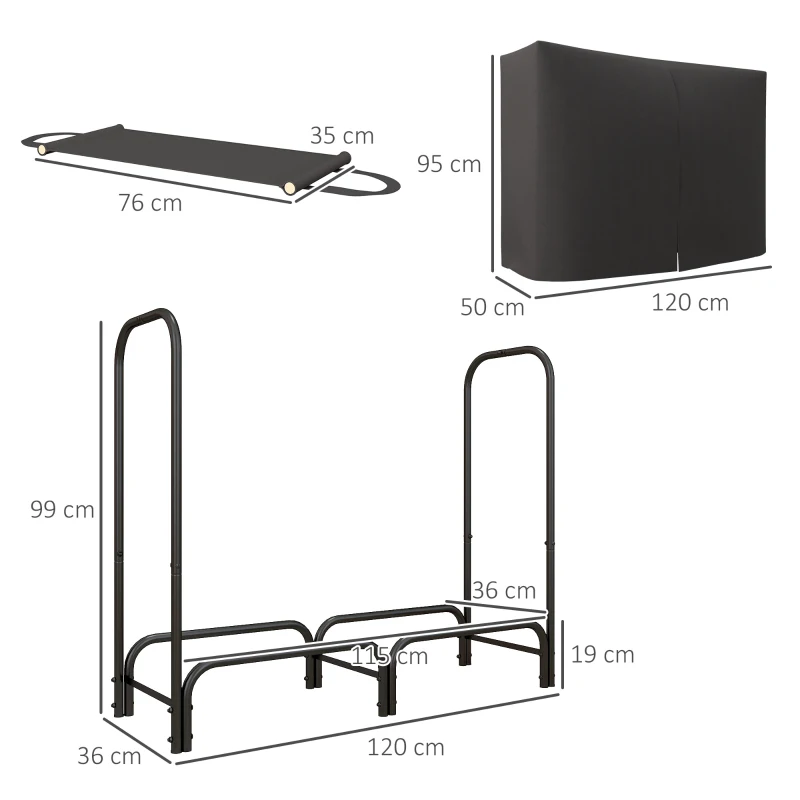 Outsunny Regał na Drewno na Opał, 0,33 m³, z Torbą i Ochronną Pokrywą, Metalowy, do 150 kg, 120 x 36 x 99 cm, Czarny