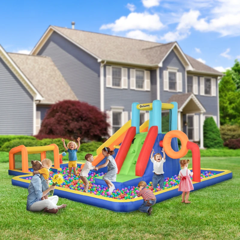 Outsunny Castello Gonfiabile per Bambini 3-8 Anni con Scivolo, Parete, Porta e Canestro, in Tessuto Oxford, 590x460x220 cm