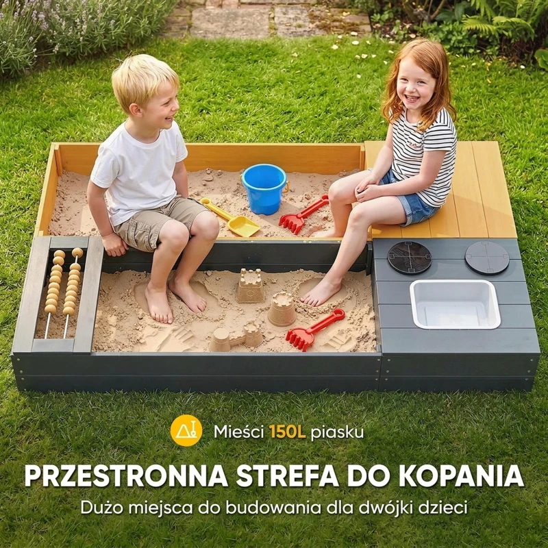 AIYAPLAY Piaskownica 2-częściowa 150x90 cm drewniana z siedziskiem, schowkiem, płytą grzewczą, wyjmowanym zlewozmywakiem i koralikami abakusa, żółta