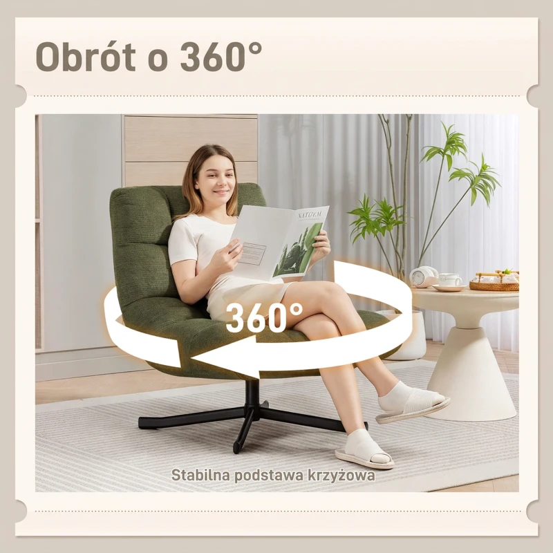 HOMCOM Fotel Obrotowy Lounge z Szerokim Siedziskiem, Odporny na Wodę Chenille, Krzyżowane Nogi Ze Stali, Zielony