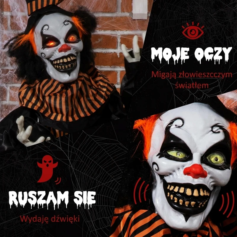 1,7m Dekoracja Halloween, Horror Klaun z dźwiękiem i efektami