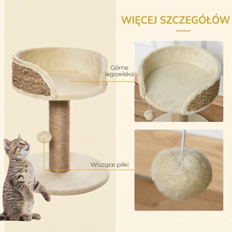 PawHut Drapak dla Kota z Łóżkiem i Koszykiem, w zestawie Zabawkowa Kula, 40 cm x 40 cm x 49 cm, Naturalny + Kremowy
