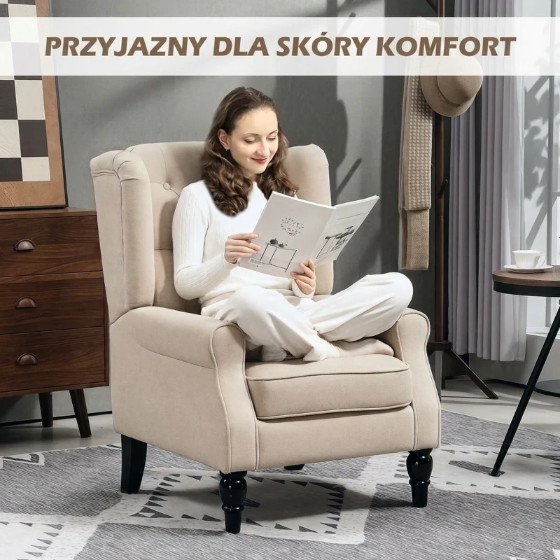 HOMCOM Elegancki fotel uszak, grubo wyściełany, z zdejmowanym pokrowcem, 74 x 87 x 102 cm, beżowy