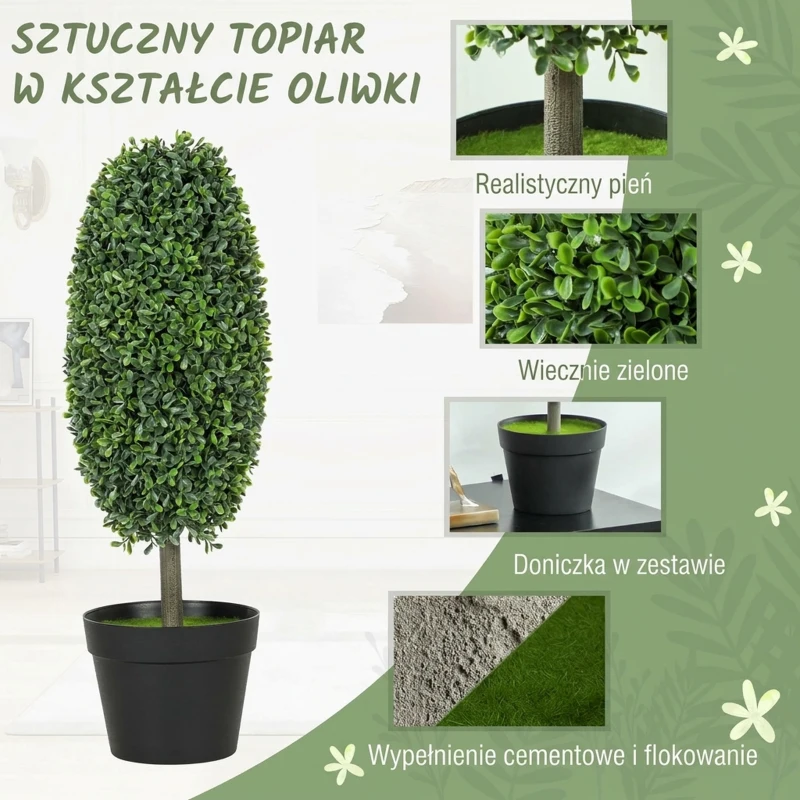 HOMCOM Set of 2 Decorative Artificial Plants, 60cm UV Resistant Faux Olive-Shaped Topiary with Plastic Pot and Flocking, Fake Plants for Indoor Outdoor Decor, Green