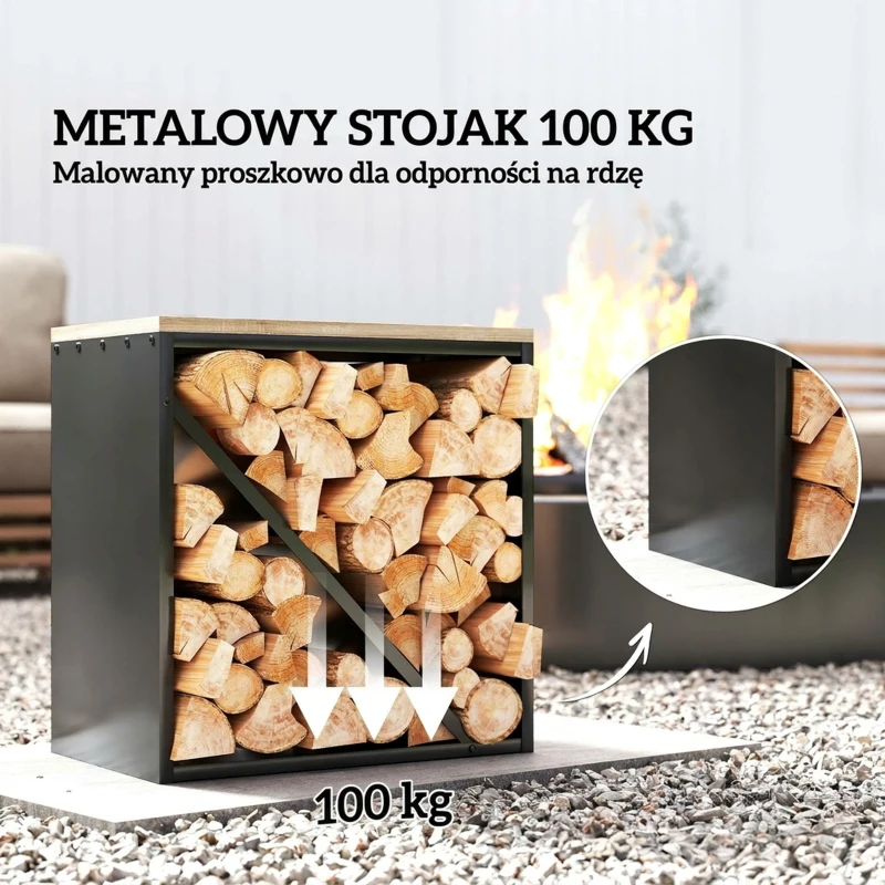 Outsunny 2-w-1 Wewnętrzny regał na drewno kominkowe 58 x 36 x 60 cm, podwyższony regał na drewno z przegrodą, stojak na drewno kominkowe, regał na drewno, metal, czarny