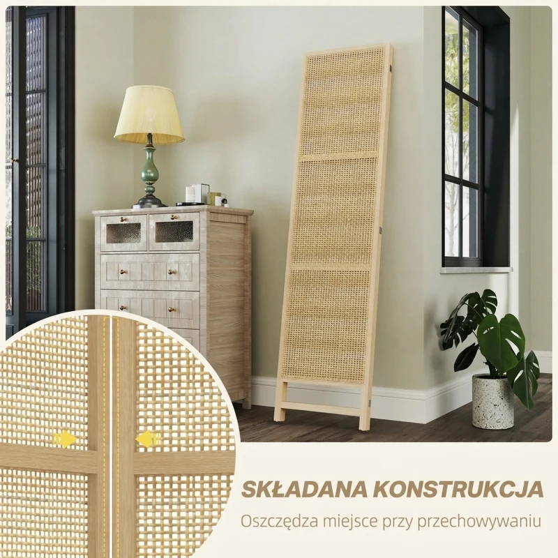 Parawan 3-częściowy 135x180 cm z rattanu PP, naturalny