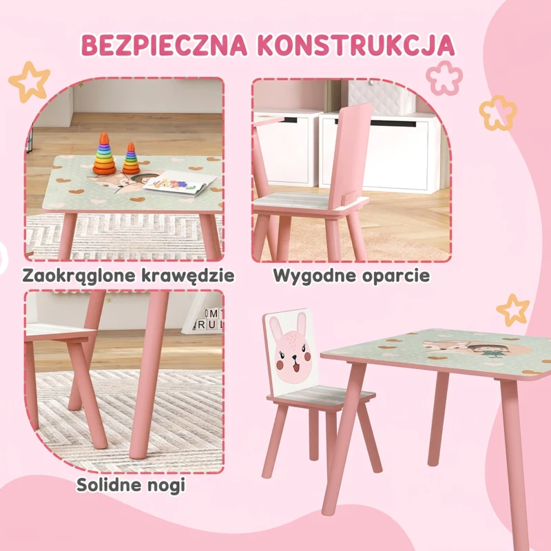 ZONEKIZ Dziecięcy zestaw z sosny, stół z 2 krzesłami, motyw zwierzęcy, pokój dziecięcy, 3-8 lat, Różowy