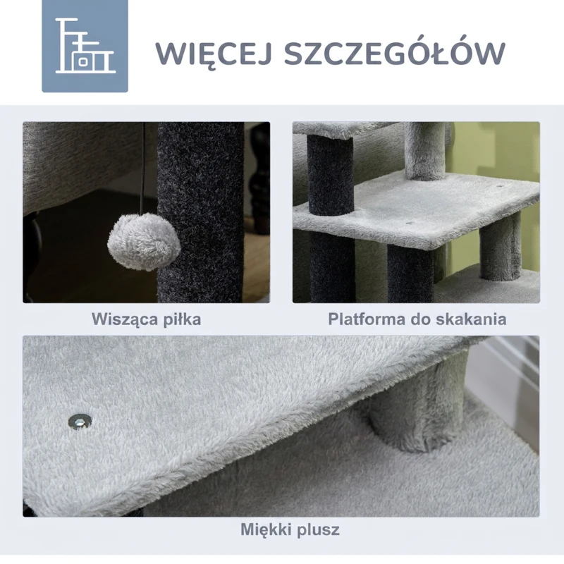 Schody dla zwierząt domowych 3/4-stopniowe schody dla kota z legowiskiem do spania i wiszącą piłką dla psa rampa dla psa schody dla zwierząt płyta wiórowa pluszowy czarny+szary 60 x 40 x 66 cm
