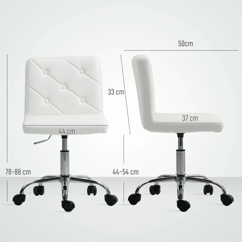 HOMCOM Sedia da Ufficio Regolabile con Rivestimento a Bottoni, in Pelle PU, Schiuma e Acciaio, 44x50x78-88 cm, Bianco