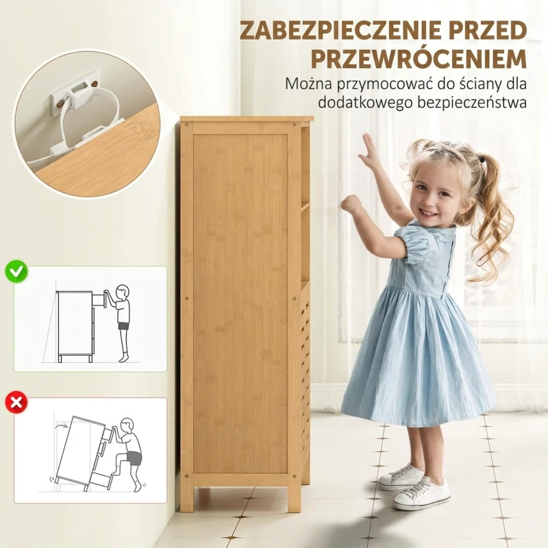 Szafka łazienkowa z bambusa kleankin, z drzwiami z żaluzjami, 2 półki, 1 szafka, 50 cm x 29 cm x 92 cm, naturalna