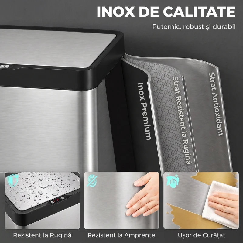 HOMCOM Coș de Gunoi Automat cu Senzor pentru Colectare Selectivă, 3 Compartimente (2 x 12,5 L + 15 L), din Oțel Inoxidabil, Găleți Detașabile