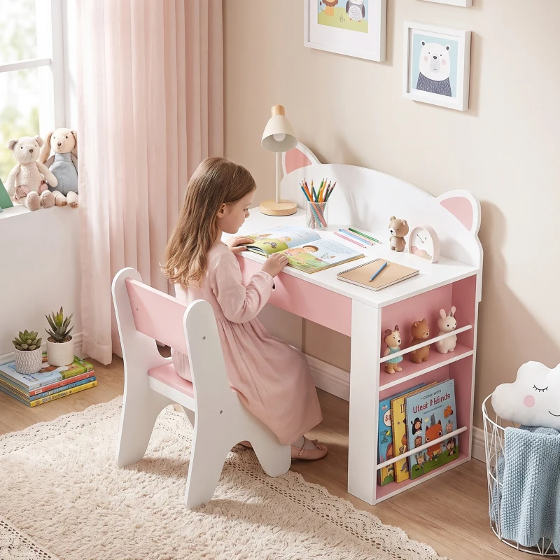AIYAPLAY Kindertafel en stoelset voor leren en spelen, met lade en boekenrek, wit/roze