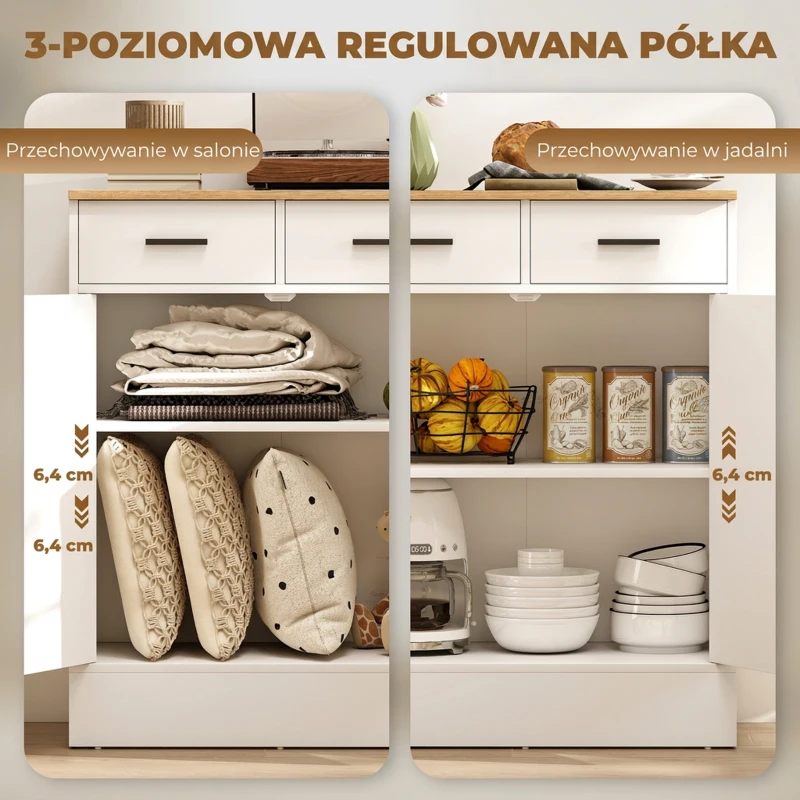 HOMCOM Komoda z miejscem do przechowywania, 2 szuflady, regulowana półka, do kuchni, salonu, korytarza, drewno naturalne, biały