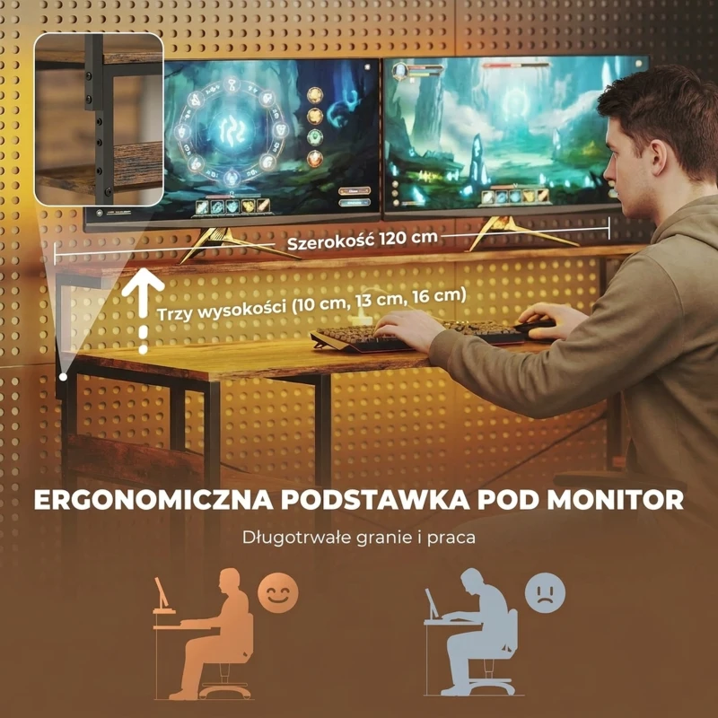HOMCOM Biurko gamingowe w kształcie litery L z zasilaniem, oświetleniem LED, 4 szufladami, podstawką pod monitor, 155x110x91,4 cm, brązowe