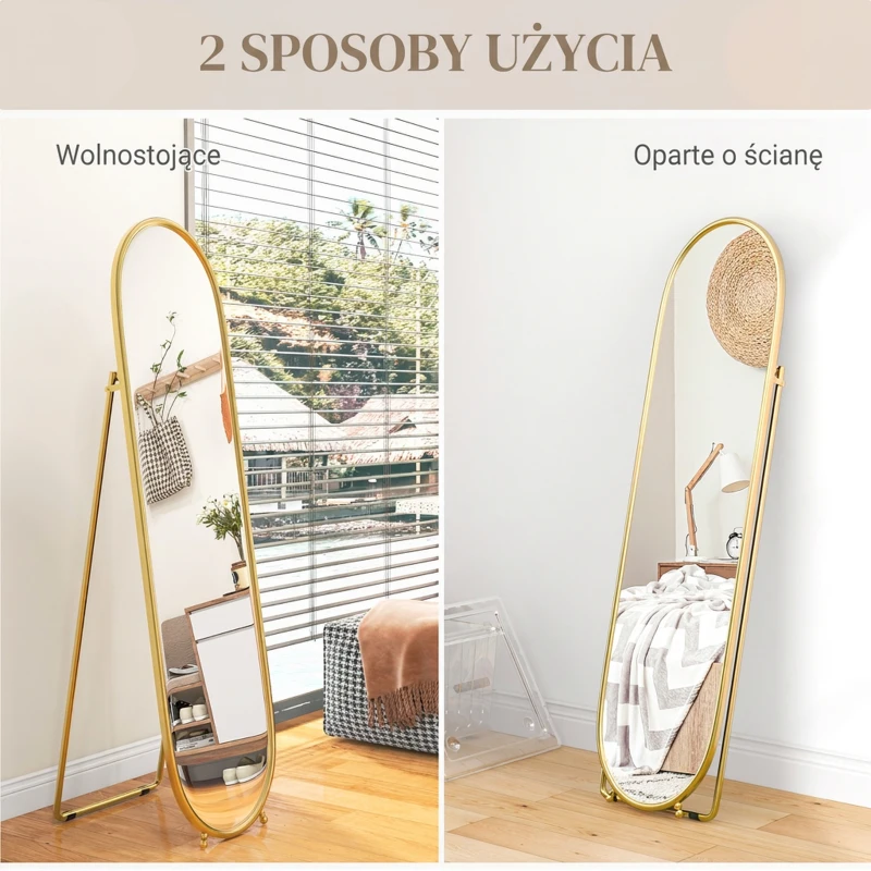 HOMCOM Lustro pełnej długości, forma owalna, wolnostojące/montaż ścienny, metalowa rama, 40x160cm, Kolor: Złoty